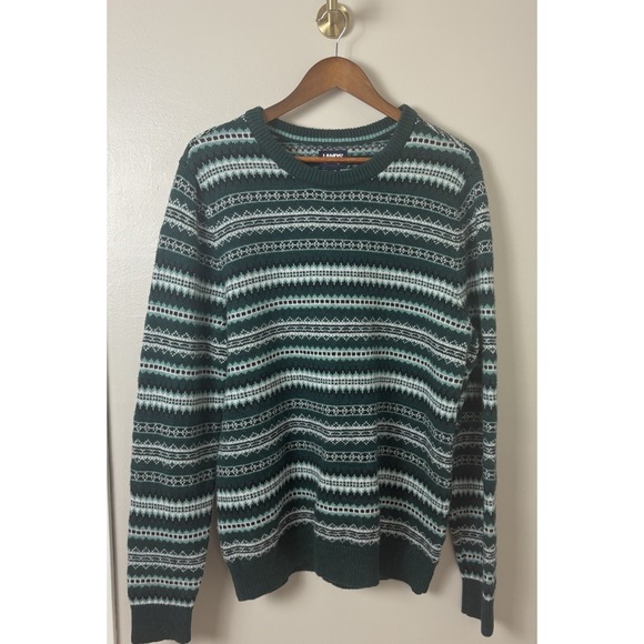 Lands End Sweater Mens Large Tall Wool‎ Blend Fair Isle Nordic Green Classic - Picture 1 of 12